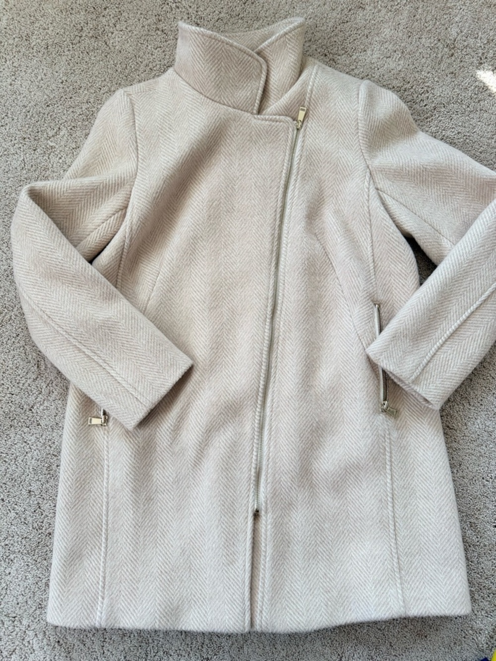 Loft Cream Herringbone Wool-Blend Stand Collar Coat M